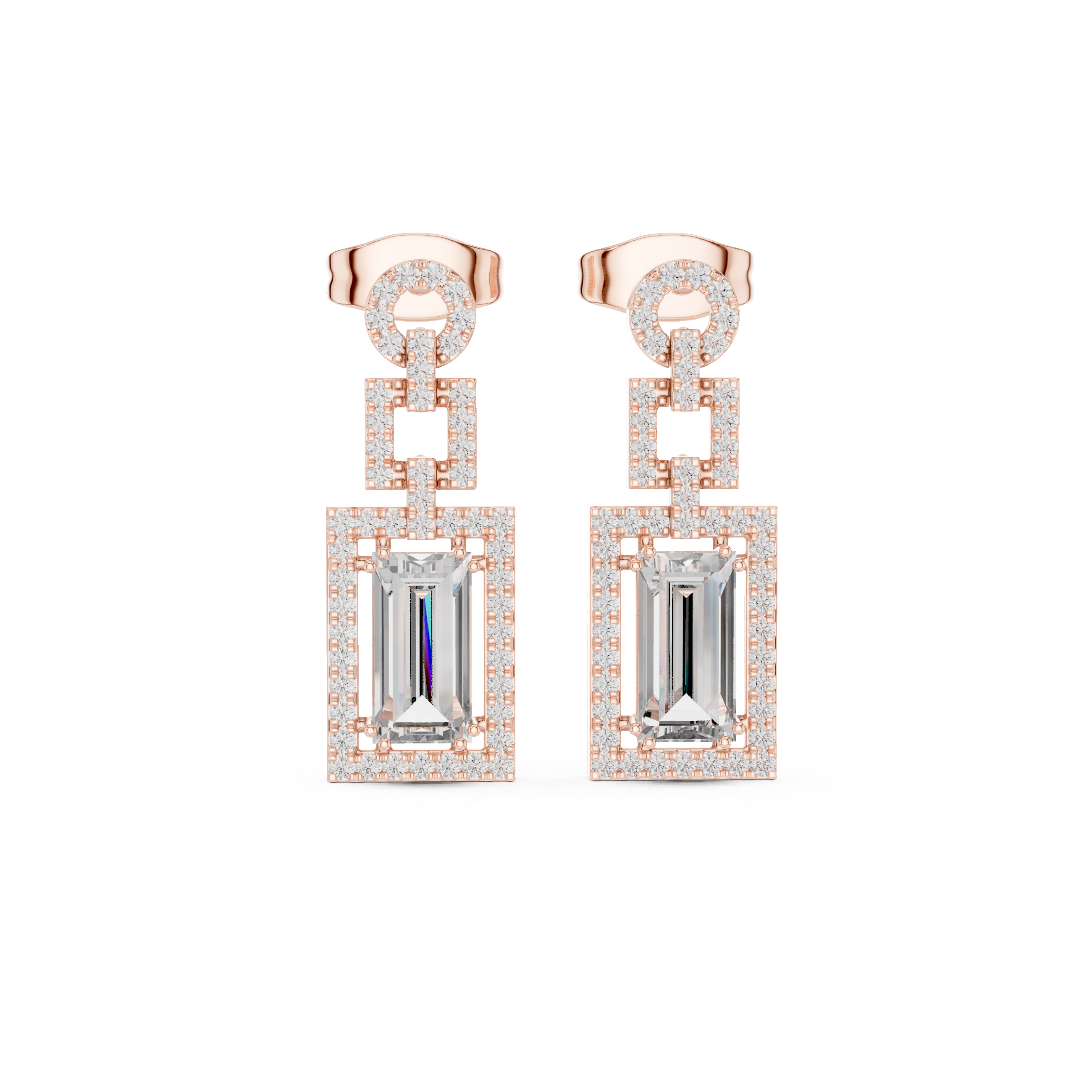 Rose gold tone geometric halo drop earrings with emerald-cut center stones and pavé