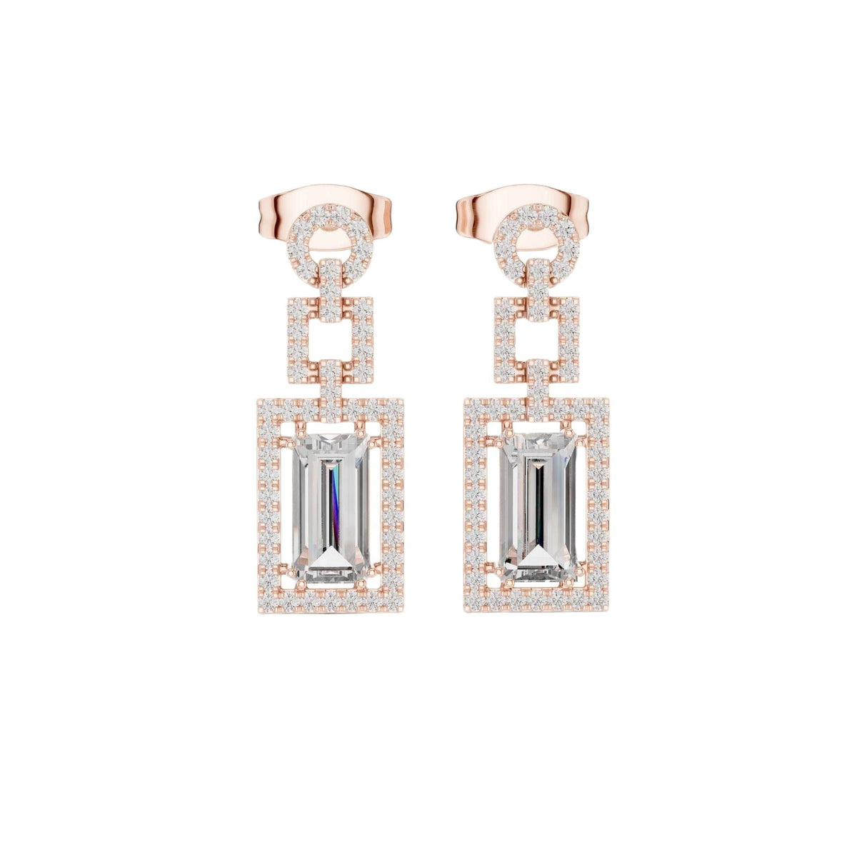 Rose gold tone geometric halo drop earrings with emerald-cut center stones and pavé