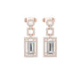 Rose gold tone geometric halo drop earrings with emerald-cut center stones and pavé