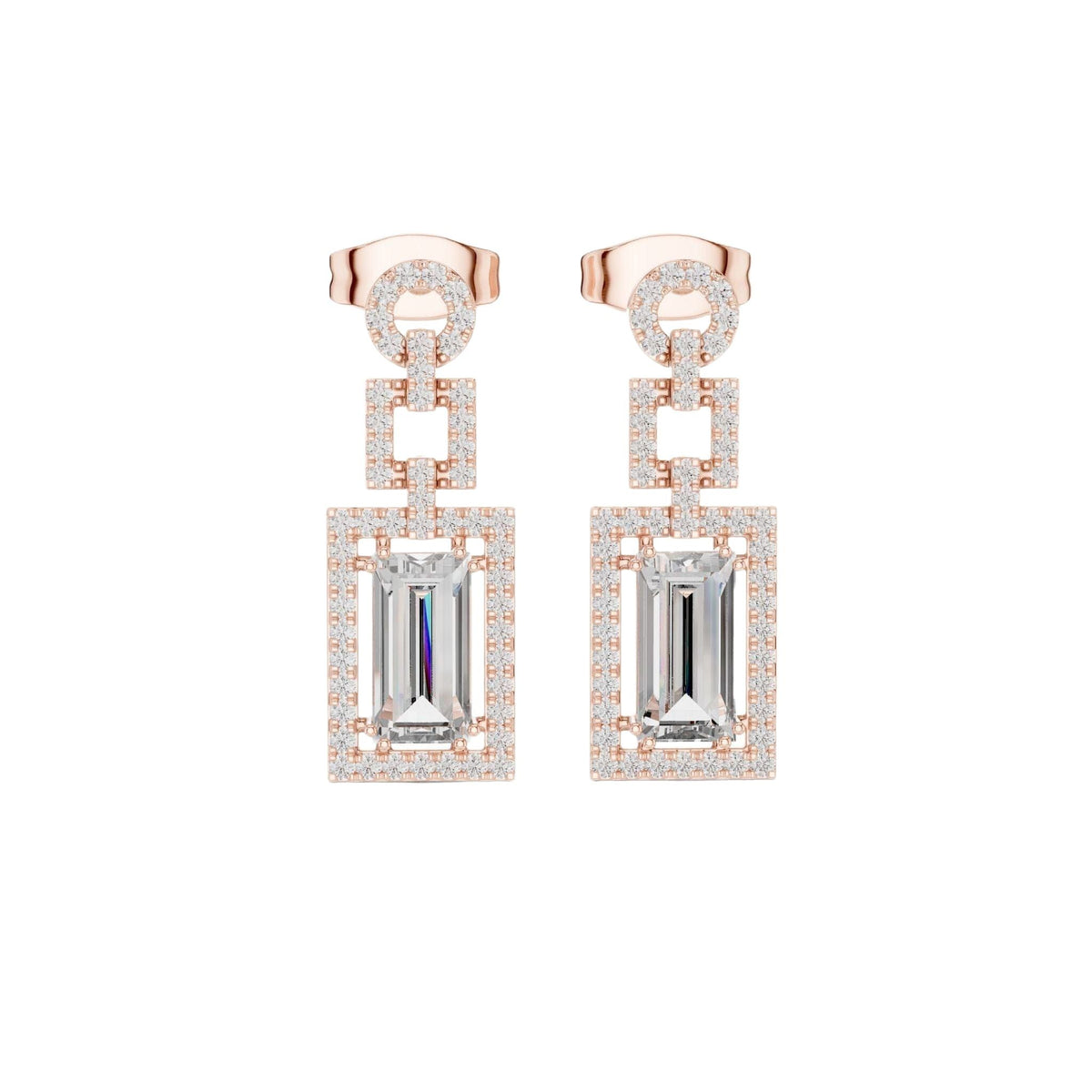 Rose gold tone geometric halo drop earrings with emerald-cut center stones and pavé