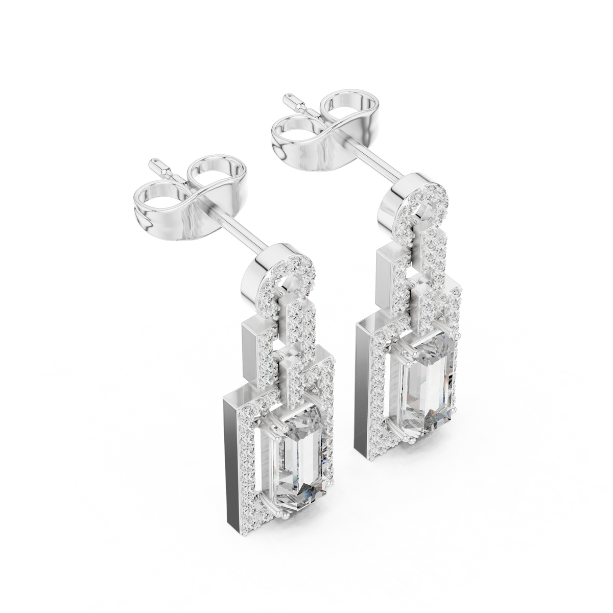 White gold tone geometric halo drop earrings with emerald-cut center stones and pavé
