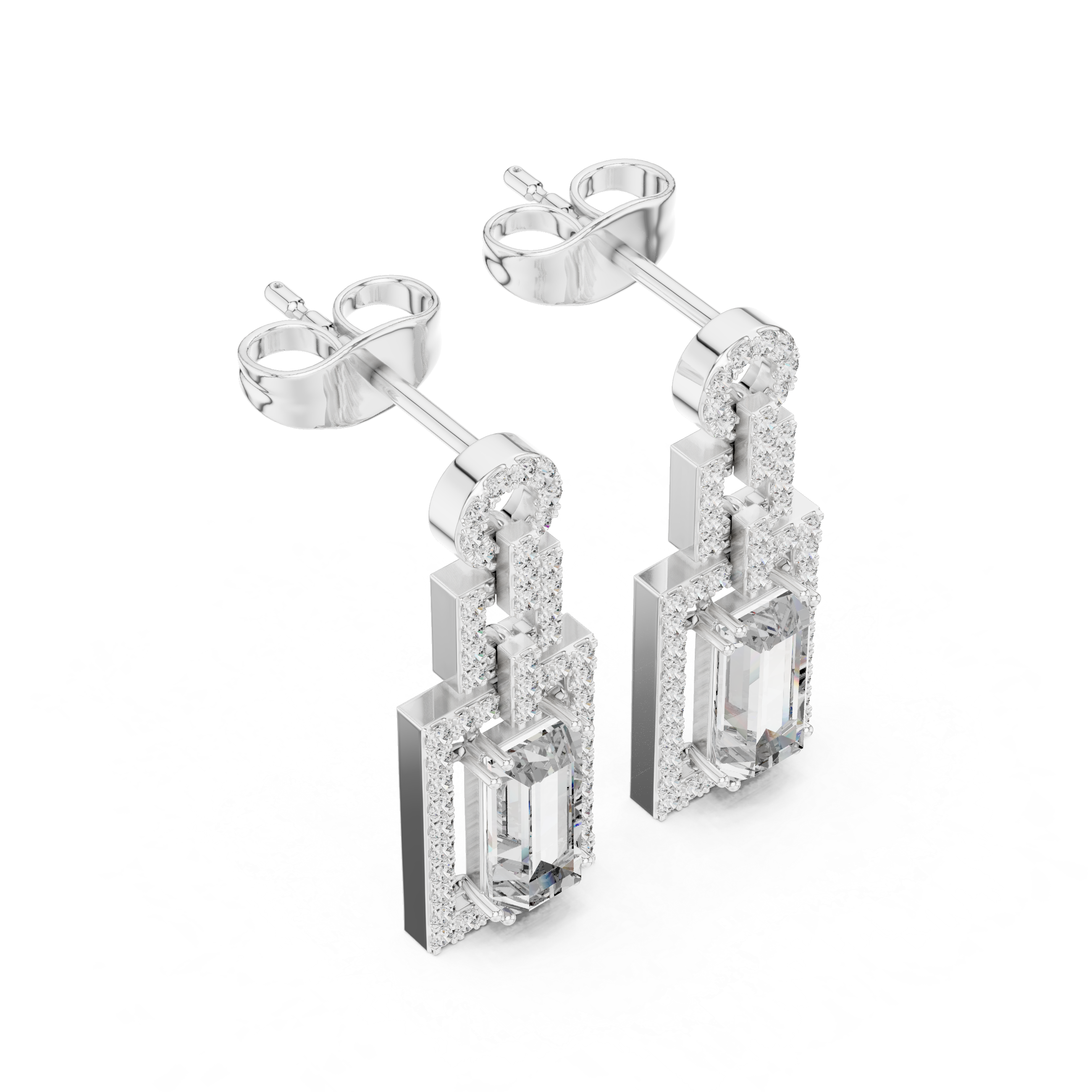 White gold tone geometric halo drop earrings with emerald-cut center stones and pavé
