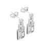White gold tone geometric halo drop earrings with emerald-cut center stones and pavé