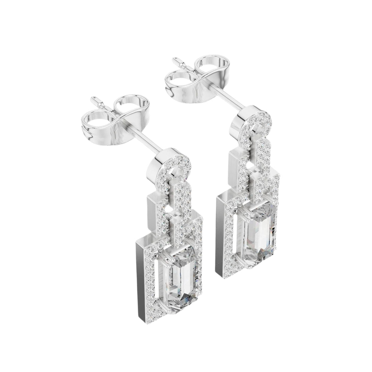 White gold tone geometric halo drop earrings with emerald-cut center stones and pavé