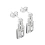 White gold tone geometric halo drop earrings with emerald-cut center stones and pavé