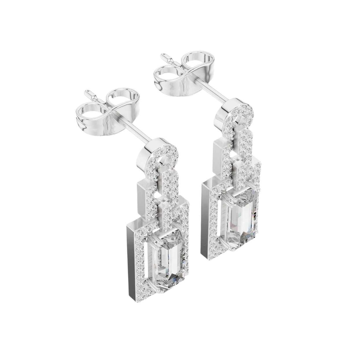 White gold tone geometric halo drop earrings with emerald-cut center stones and pavé