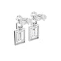 White gold tone geometric halo drop earrings, side view with emerald-cut stone frames