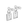 White gold tone geometric halo drop earrings, side view with emerald-cut stone frames