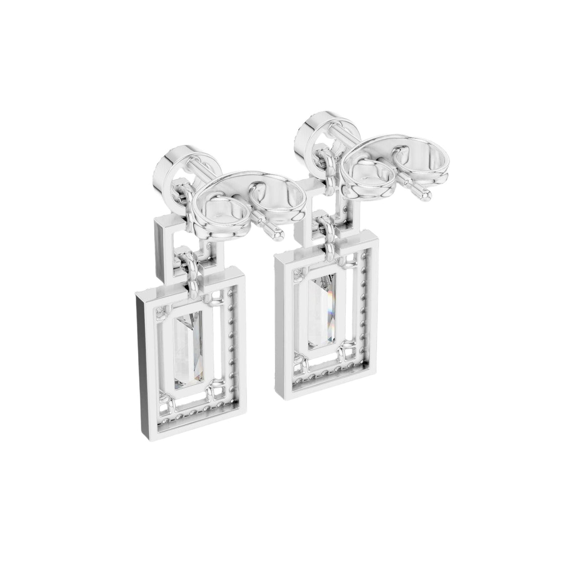 White gold tone geometric halo drop earrings, side view with emerald-cut stone frames