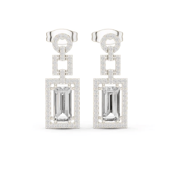 White gold drop earrings with emerald-cut center diamond in geometric halo setting