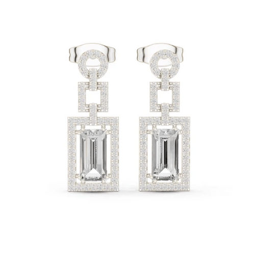 White gold drop earrings with rectangular center stone and pavé halo detail