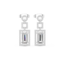 White gold tone geometric halo drop earrings with emerald-cut centers and diamond pavé