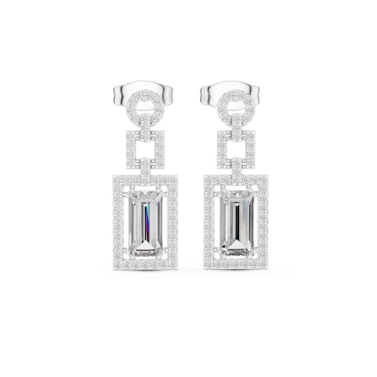 White gold tone geometric halo drop earrings with emerald-cut centers and diamond pavé