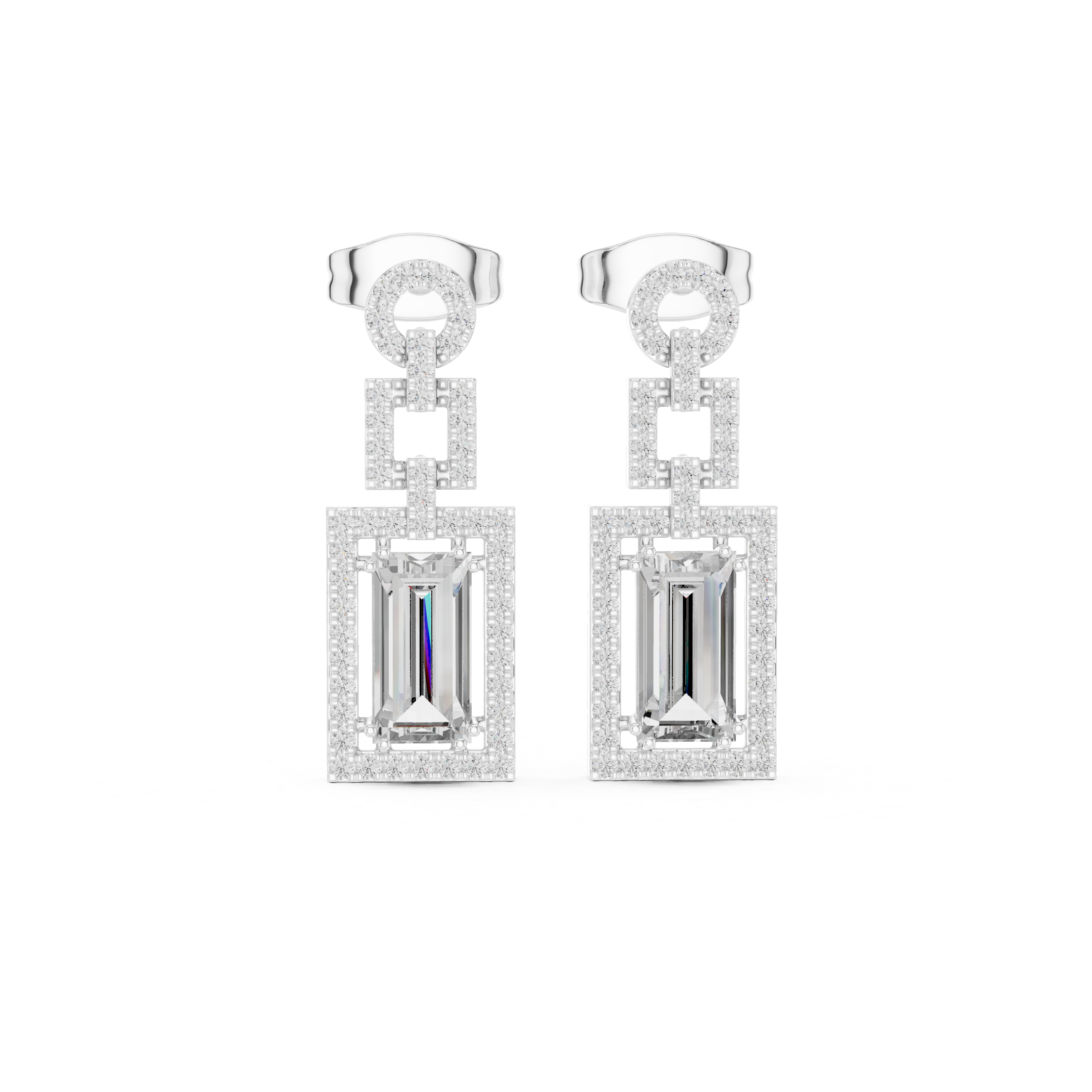 White gold tone geometric halo drop earrings with emerald-cut centers and diamond pavé