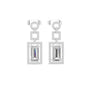 White gold tone geometric halo drop earrings with emerald-cut centers and diamond pavé