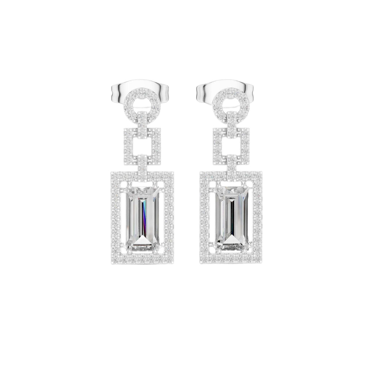 White gold tone geometric halo drop earrings with emerald-cut centers and diamond pavé