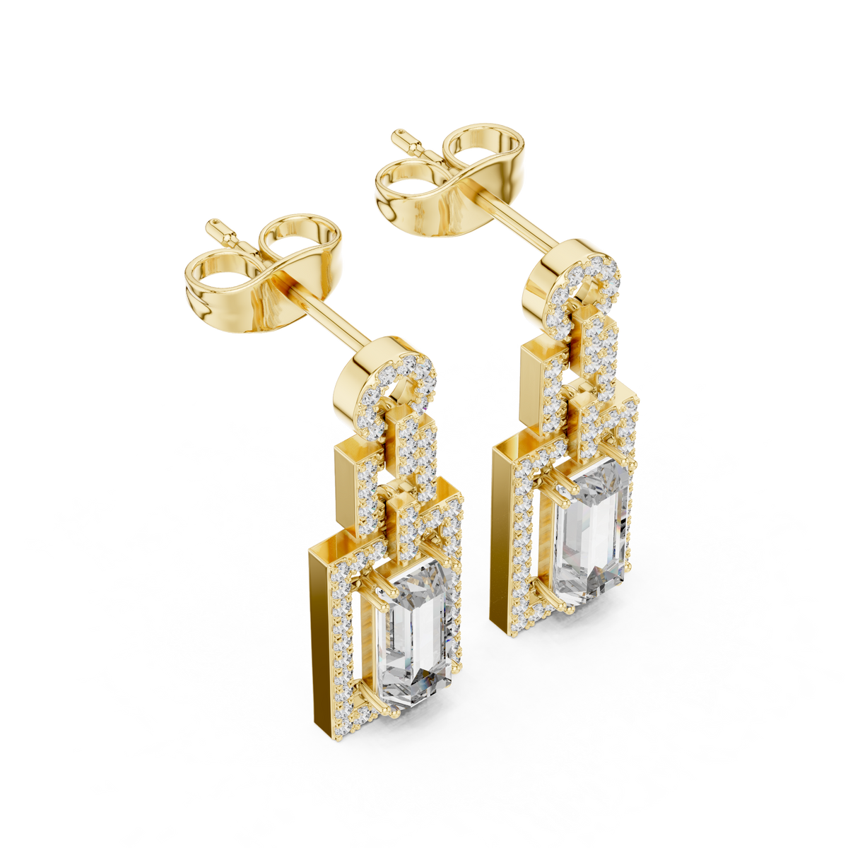 Yellow gold tone geometric halo drop earrings with emerald-cut center stones and pavé