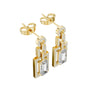 Yellow gold tone geometric halo drop earrings with emerald-cut center stones and pavé