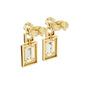 Yellow gold tone geometric halo drop earrings, side view with emerald-cut stone frames