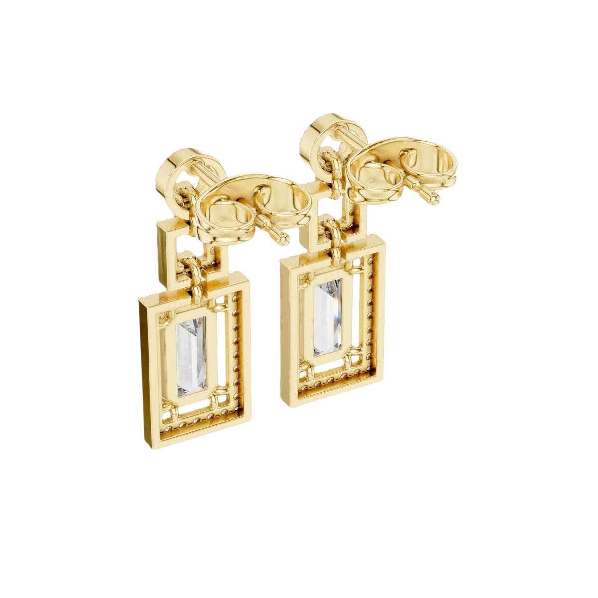 Yellow gold tone geometric halo drop earrings, side view with emerald-cut stone frames