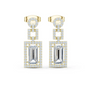 Yellow gold drop earrings with rectangular center stones and pavé halo accents