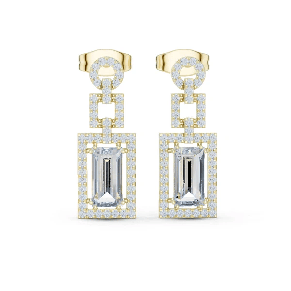 Yellow gold geometric halo drop earrings with emerald-cut center diamond in frame