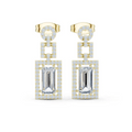 Yellow gold drop earrings with rectangular center stones and pavé halo accents