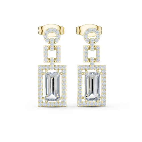 Yellow gold drop earrings with rectangular center stones and pavé halo accents