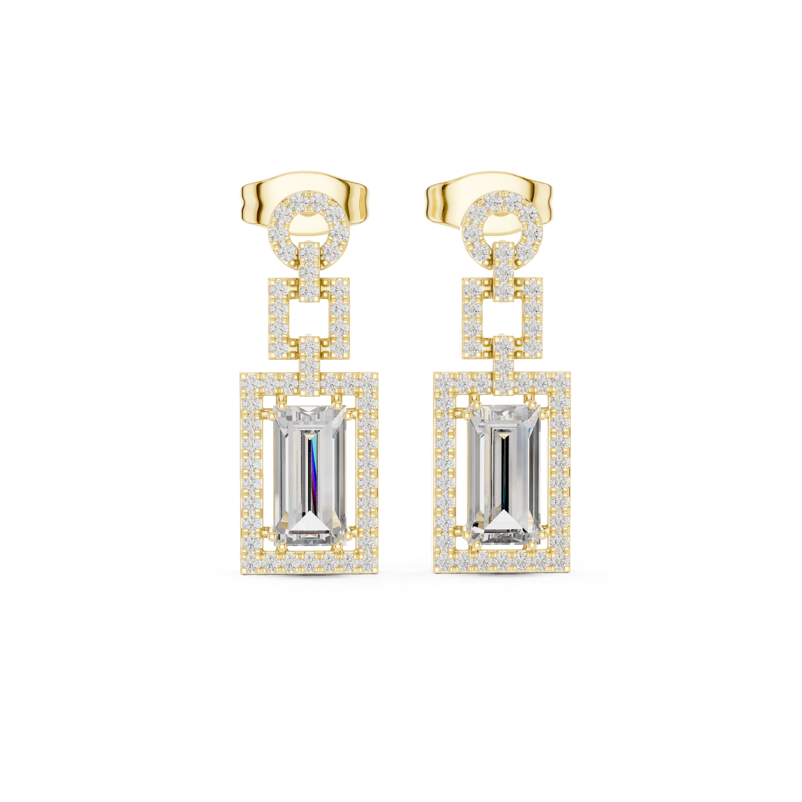 Yellow gold drop earrings with baguette-style rectangular center stones and halo details