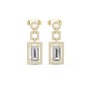 Yellow gold drop earrings with baguette-style rectangular center stones and halo details