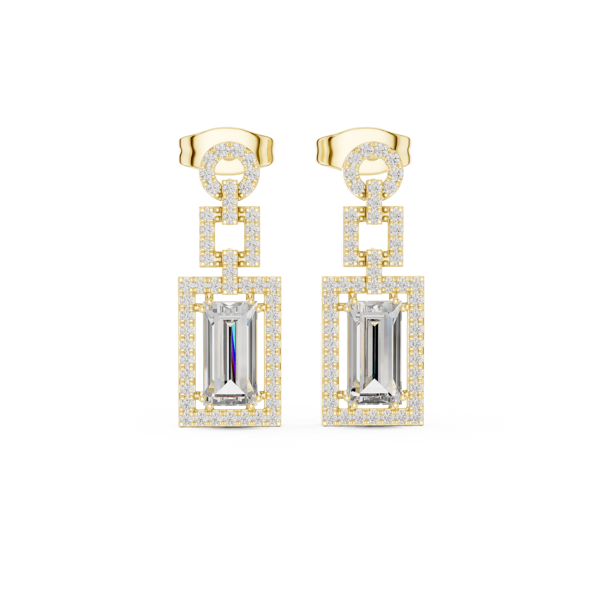 Yellow gold drop earrings with baguette-style rectangular center stones and halo details