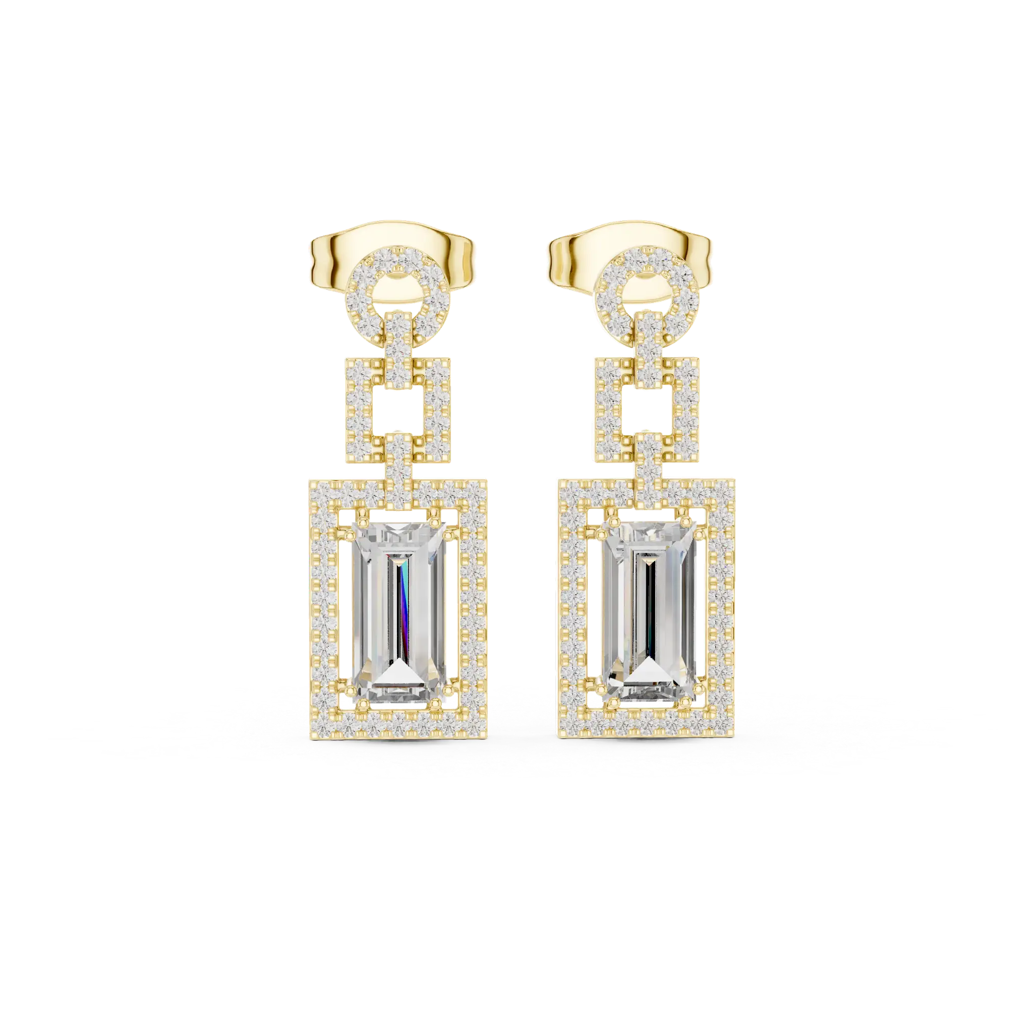 Yellow gold drop earrings with baguette-style rectangular center stones and halo details