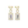 Yellow gold drop earrings with baguette-style rectangular center stones and halo details