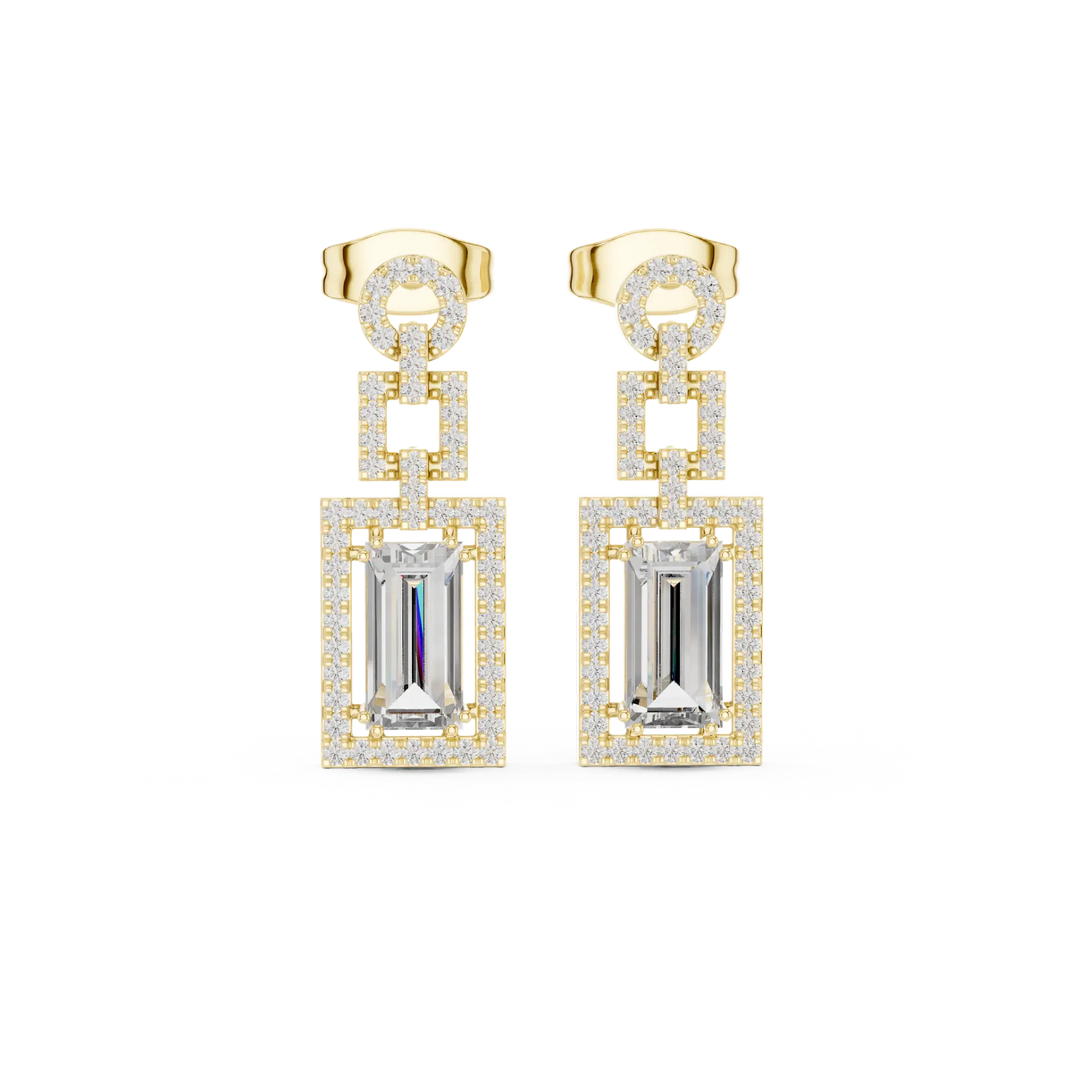 Yellow gold drop earrings with baguette-style rectangular center stones and halo details