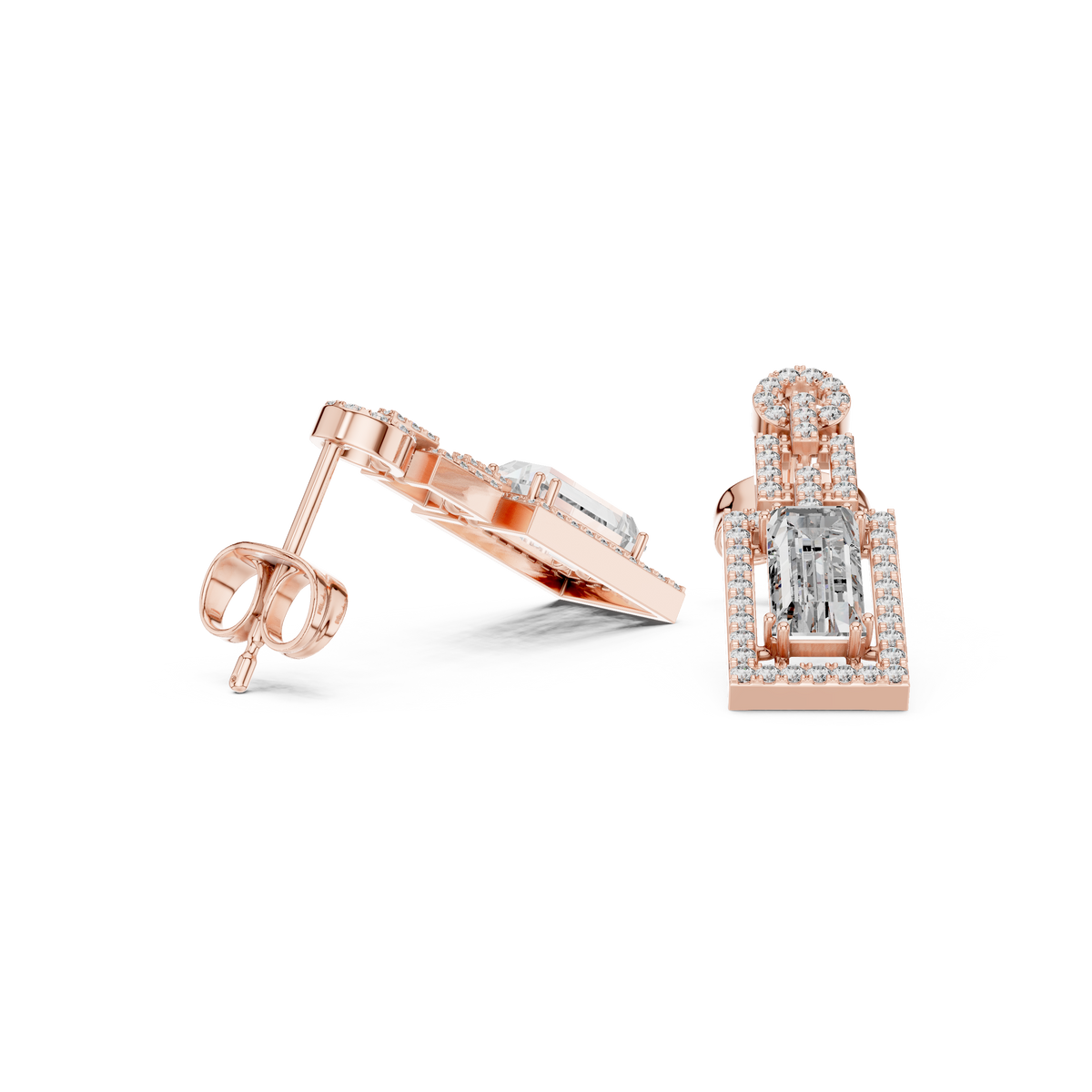 Rose gold drop earrings with rectangular center stones and pavé halo accents