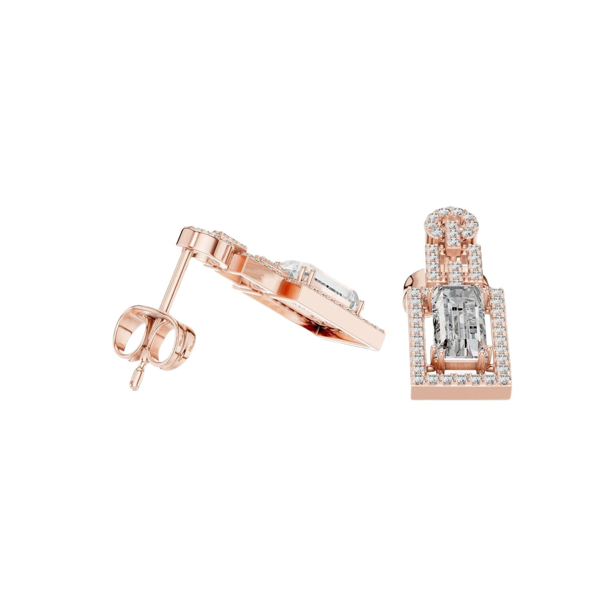 Rose gold drop earrings with rectangular center stones and pavé halo accents