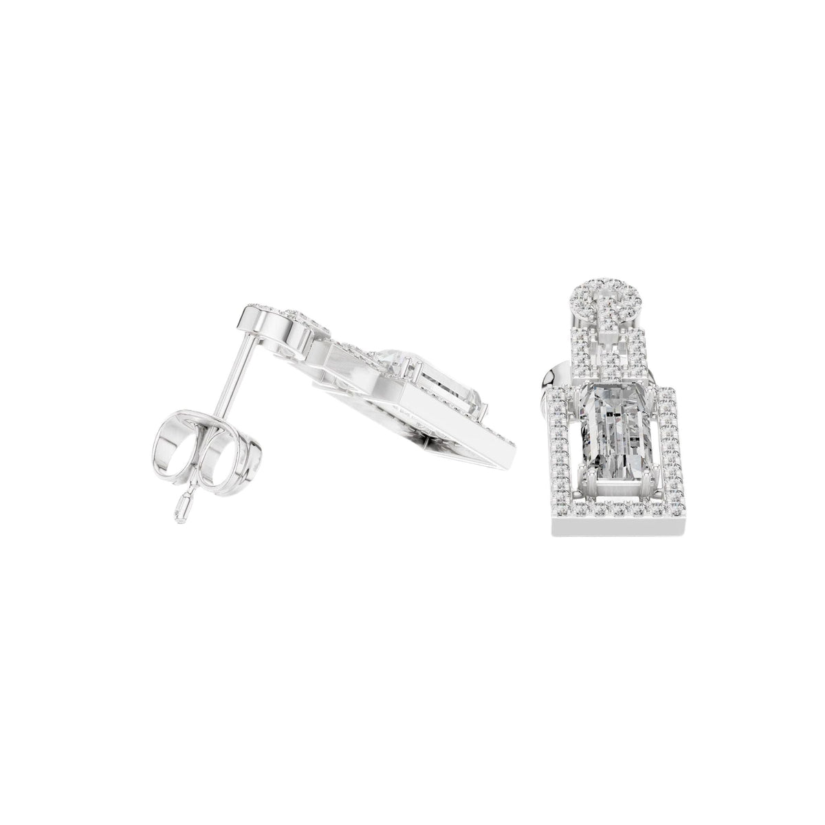 White gold drop earrings with rectangular center stones and pavé halo accents
