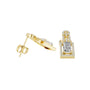 Yellow gold drop earrings with baguette-style rectangular center stones and pavé halos