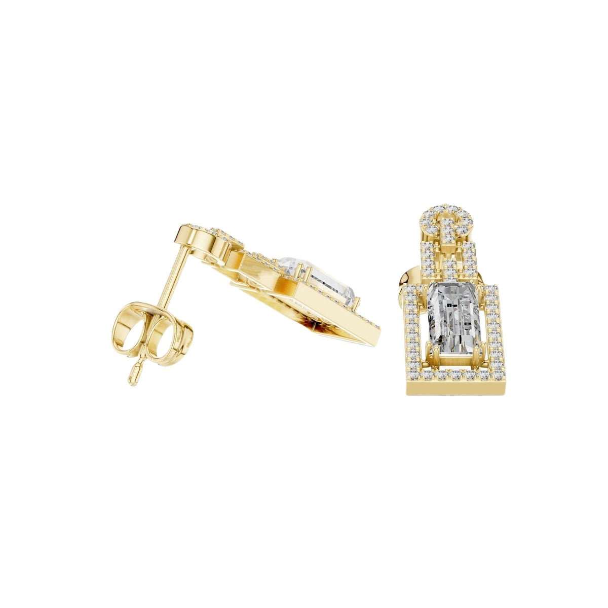 Yellow gold drop earrings with baguette-style rectangular center stones and pavé halos
