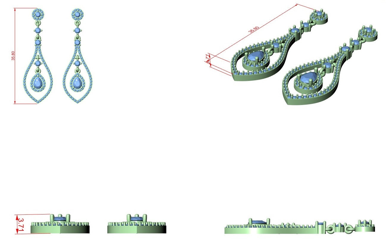 Teardrop drop earrings with blue gemstones and outlined metal settings
