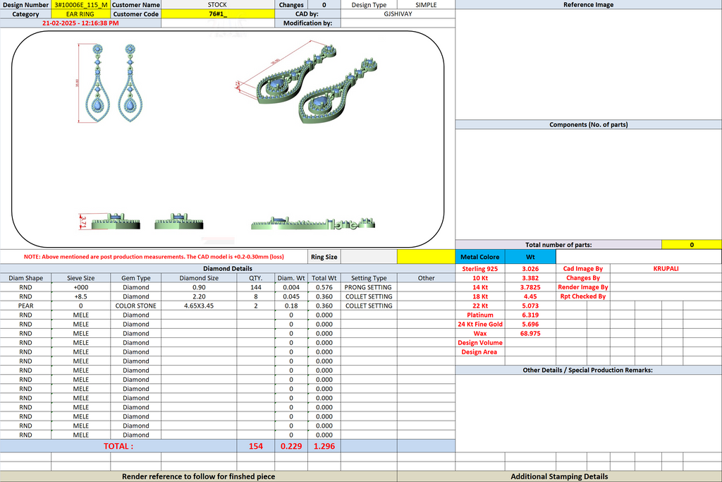 Teardrop gemstone and diamond drop earring diagram on a spreadsheet