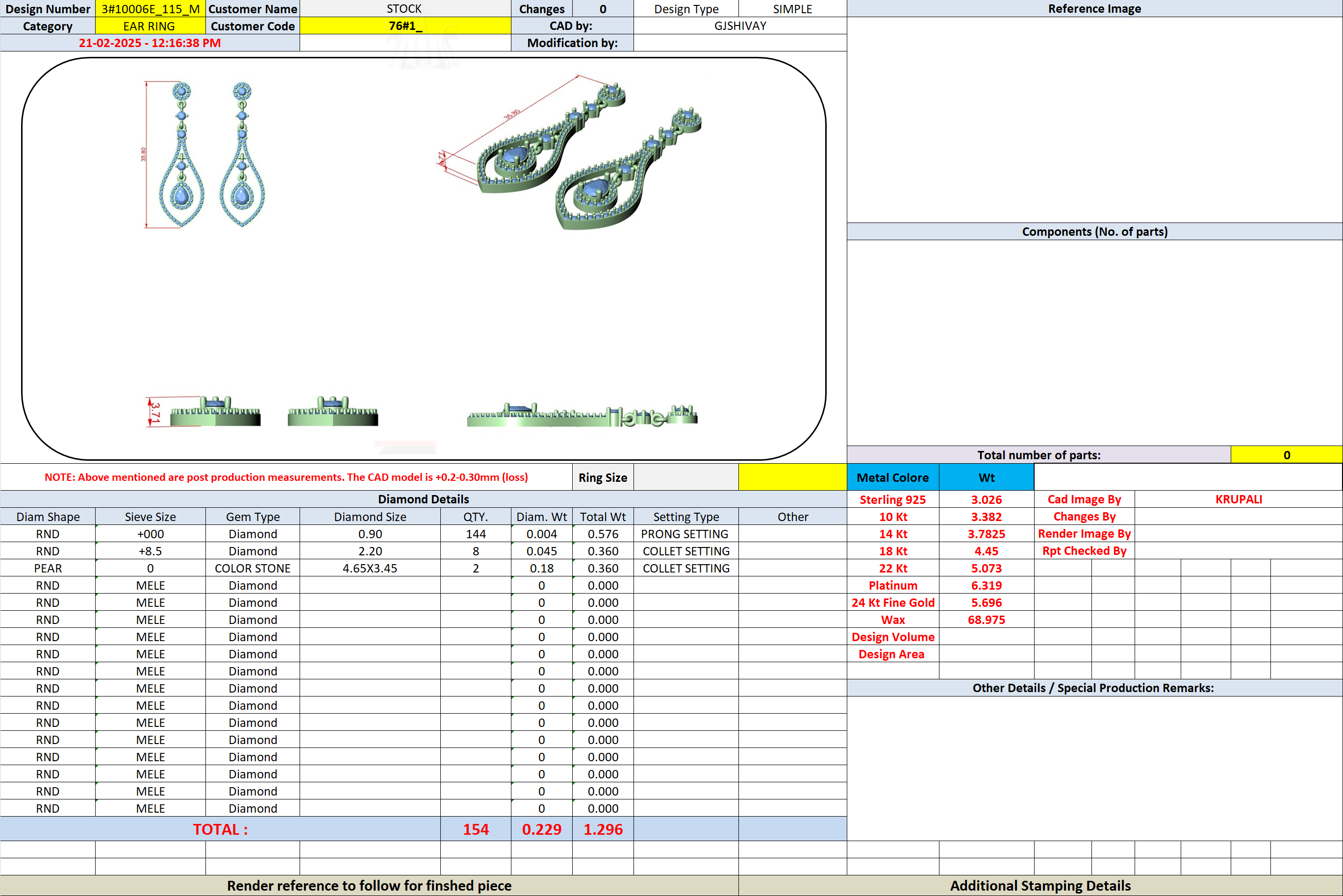 Teardrop gemstone and diamond drop earring diagram on a spreadsheet