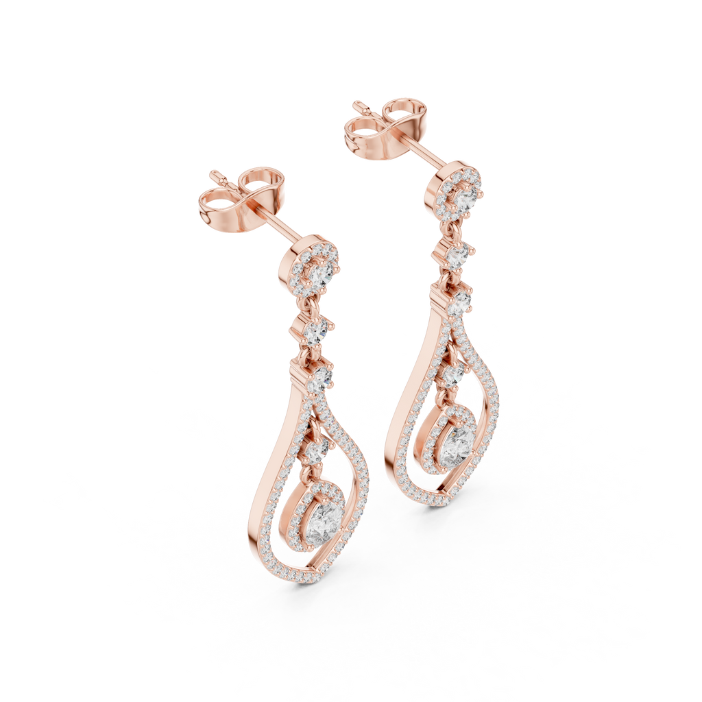 Rose gold pear-cut gemstone and diamond drop earrings, front view with teardrop drops