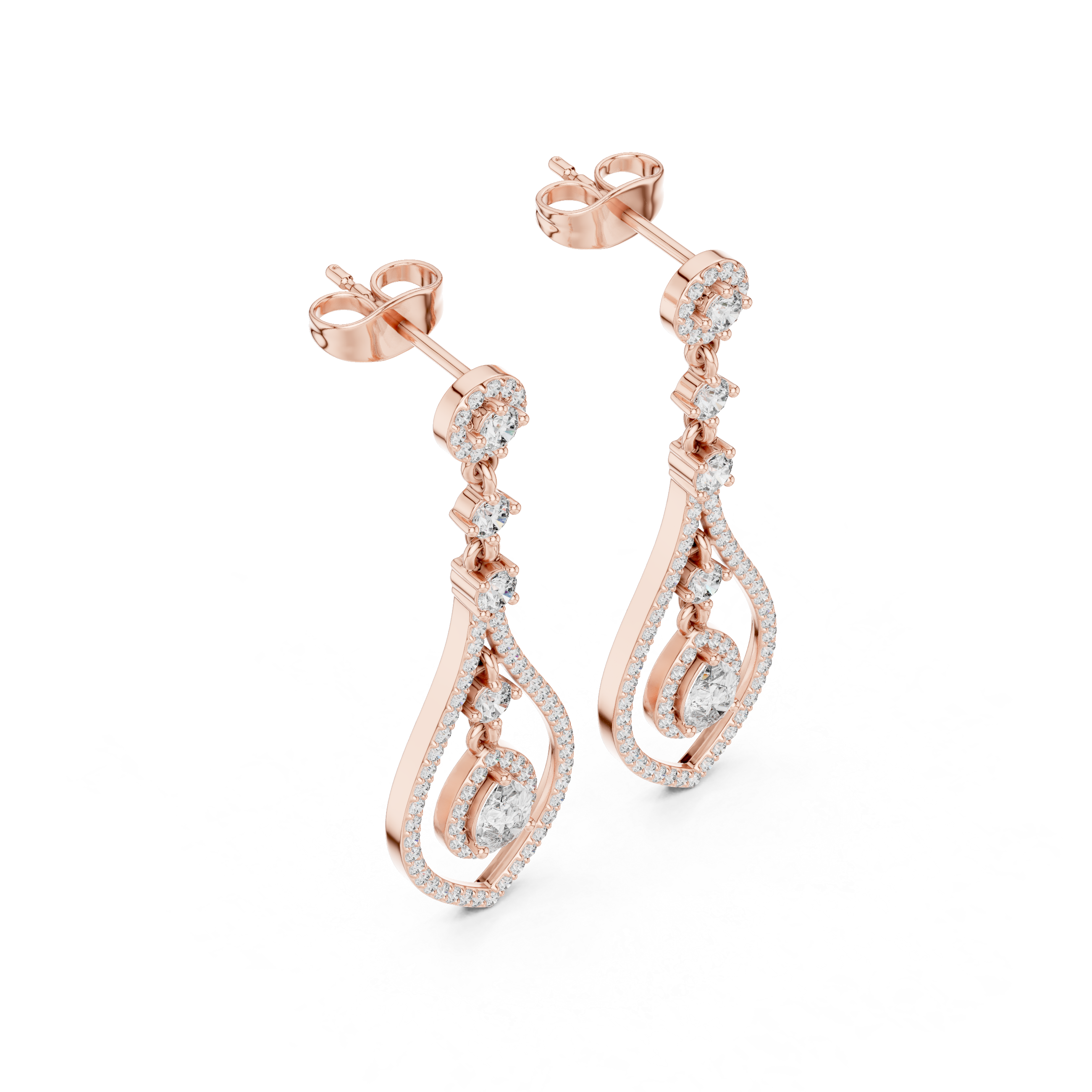 Rose gold pear-cut gemstone and diamond drop earrings, front view with teardrop drops