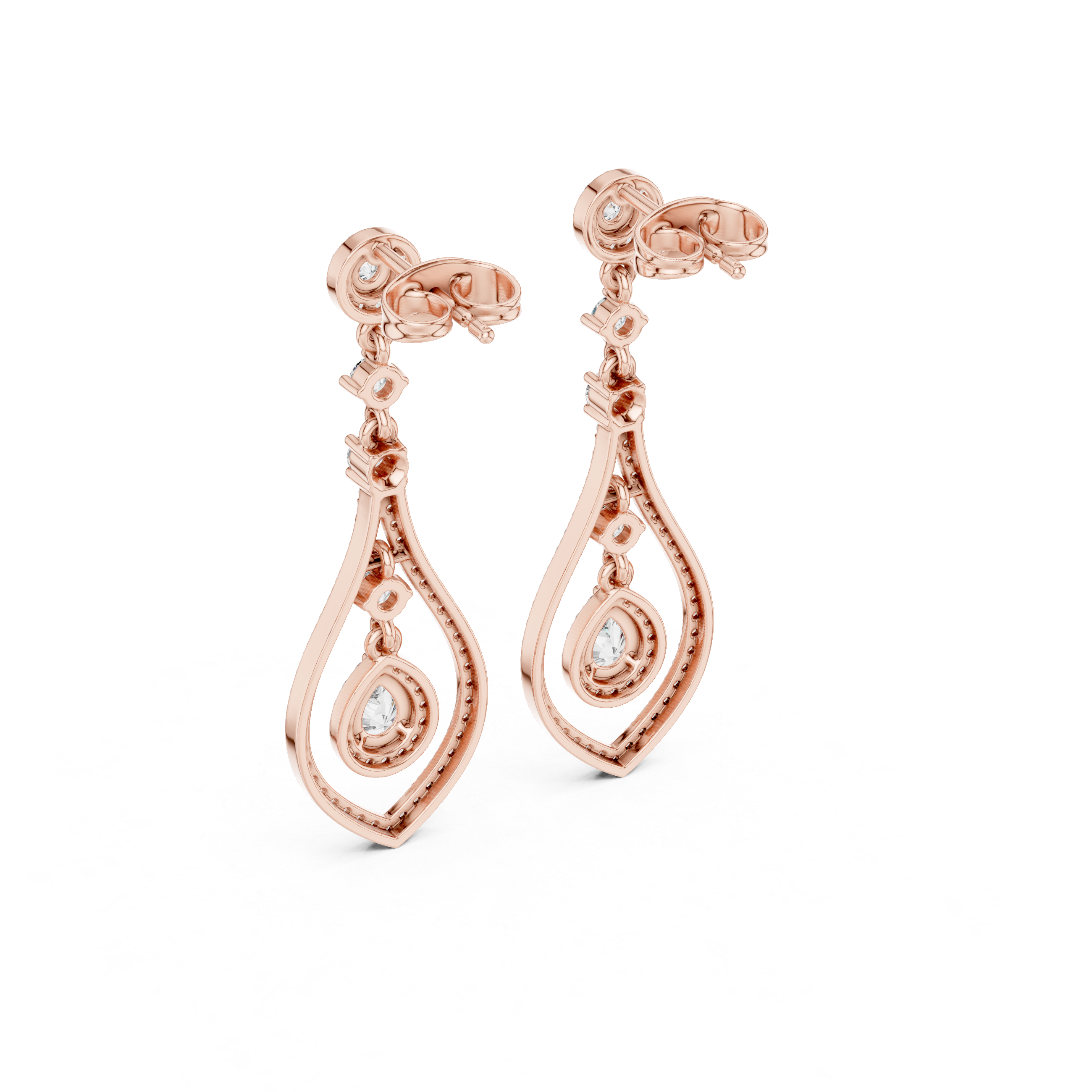 Rose gold pear-cut gemstone and diamond drop earrings, side view showing pear frames