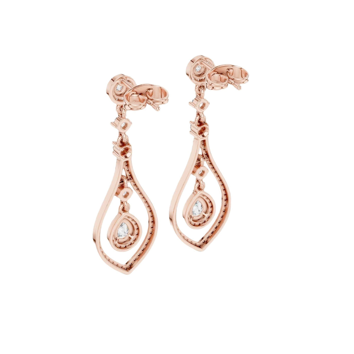 Rose gold pear-cut gemstone and diamond drop earrings, side view showing pear frames