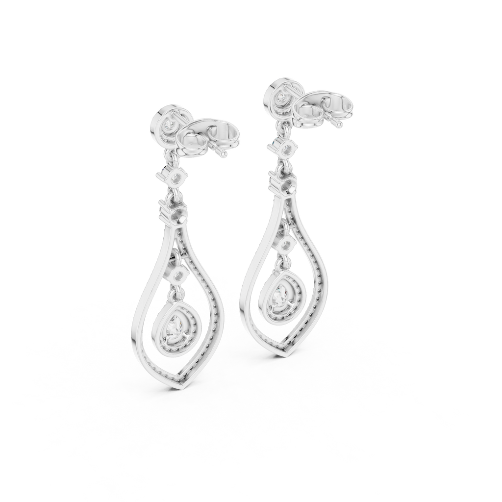 White gold pear-cut gemstone and diamond drop earrings, side view showing pear frames