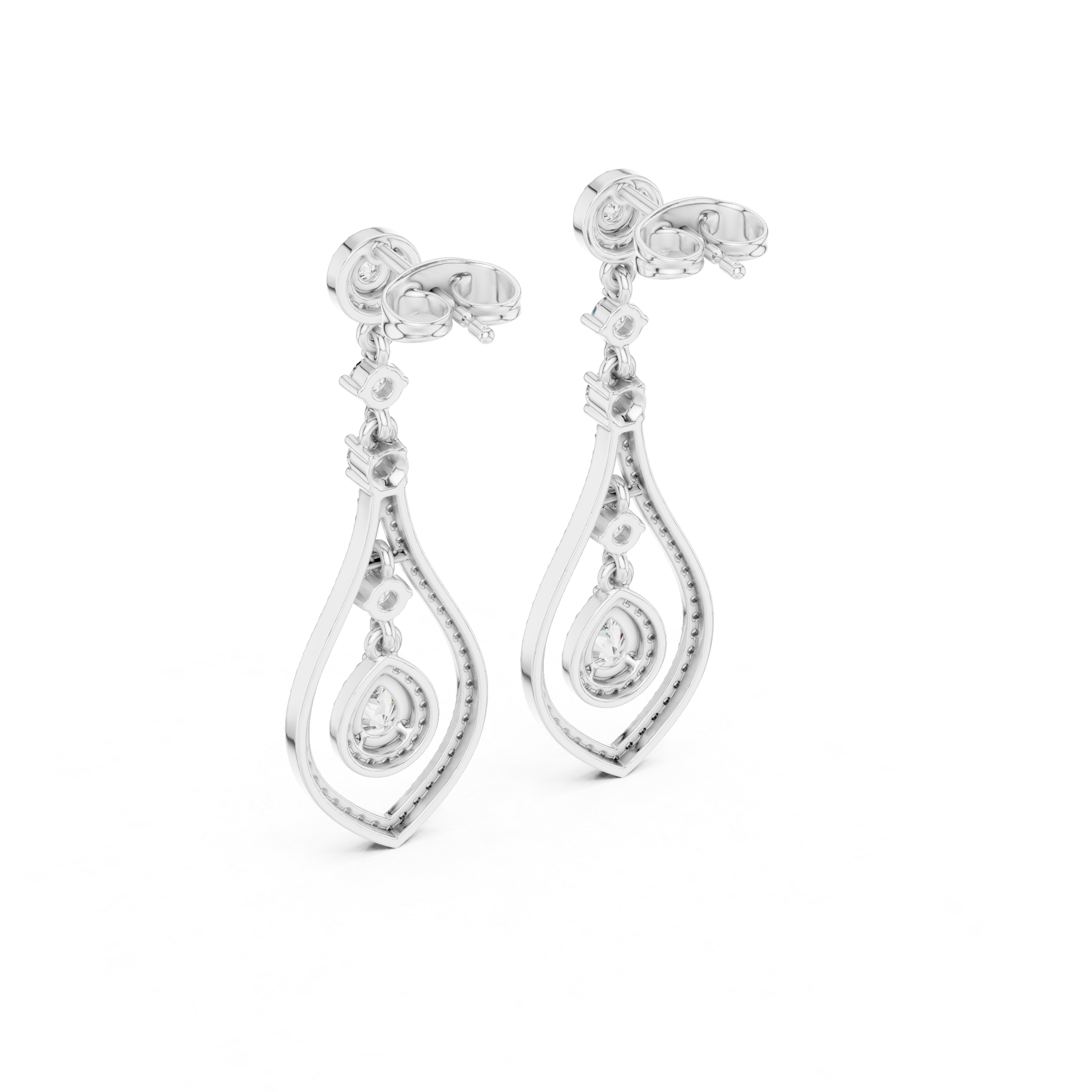 White gold pear-cut gemstone and diamond drop earrings, side view showing pear frames