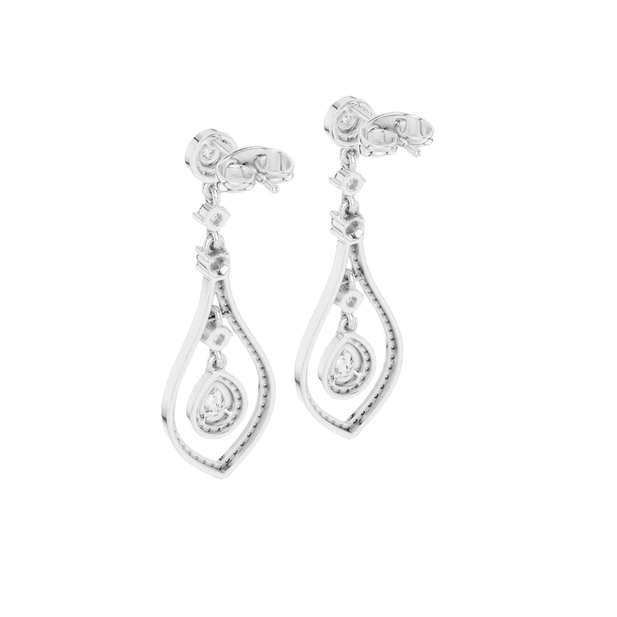 White gold pear-cut gemstone and diamond drop earrings, side view showing pear frames