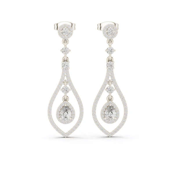 Pear-cut gemstone and diamond drop earrings, white gold-tone, teardrop dangles